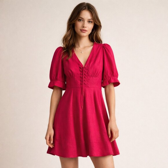 House of Harlow 1960 Dresses & Skirts - House of Harlow 1960 NEW Mini Flare Linen Blend Lacing Dress Size 4 Fuchsia